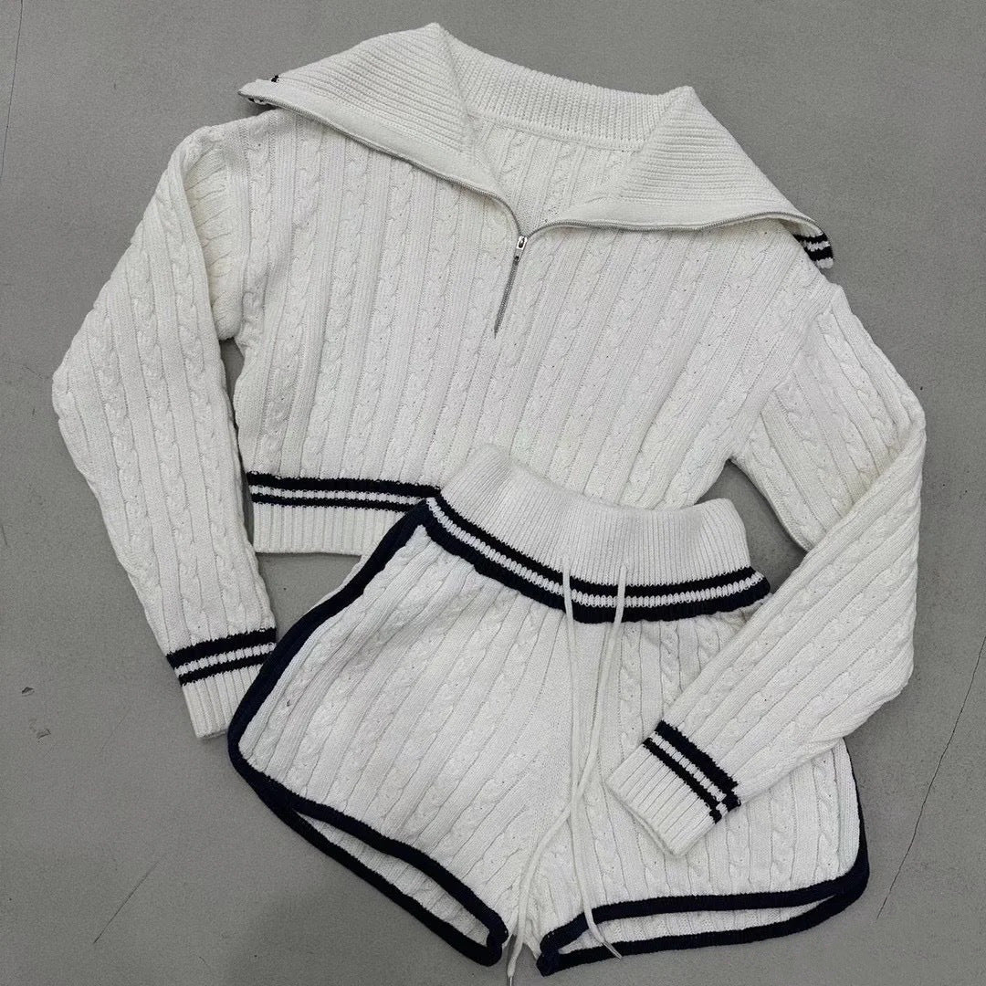 Damer Cropped Stickad Tröja med Hög Krage och Shorts i Set Eva Jonsson-Eva Jonsson