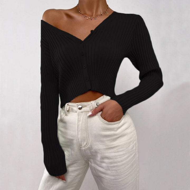 Damer Cropped Stickjacka med V-ringning och knappdetaljer Mirla-Eva Jonsson