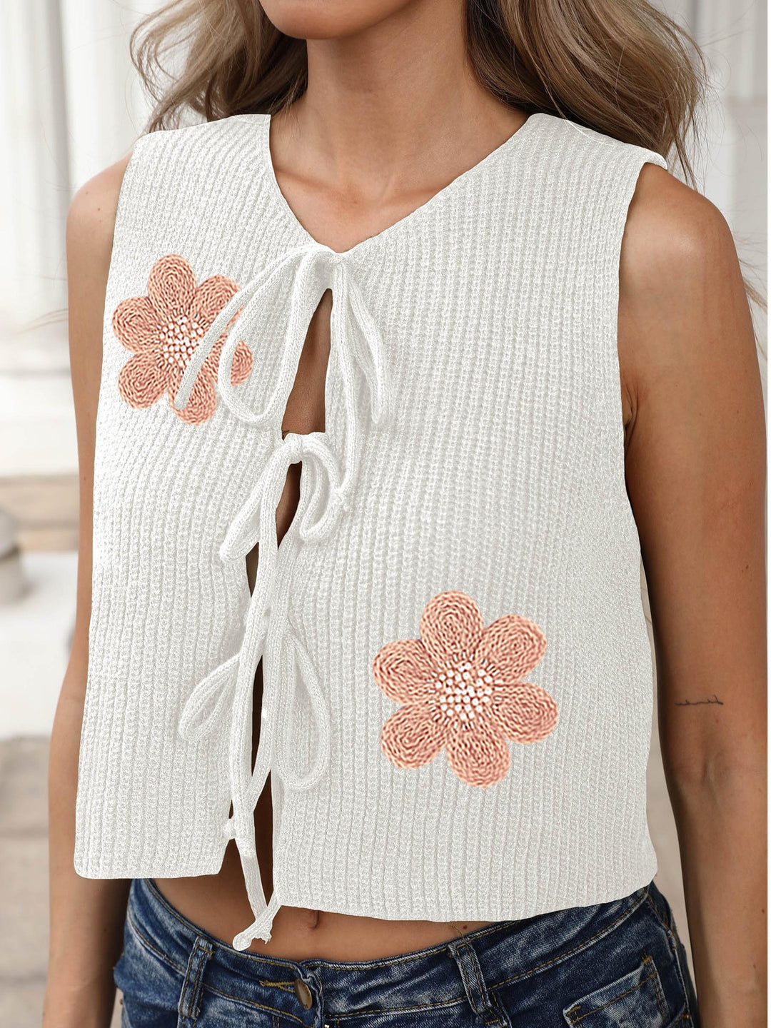 Damer Cropped Sticktop med blommönster och band Mirla-Eva Jonsson