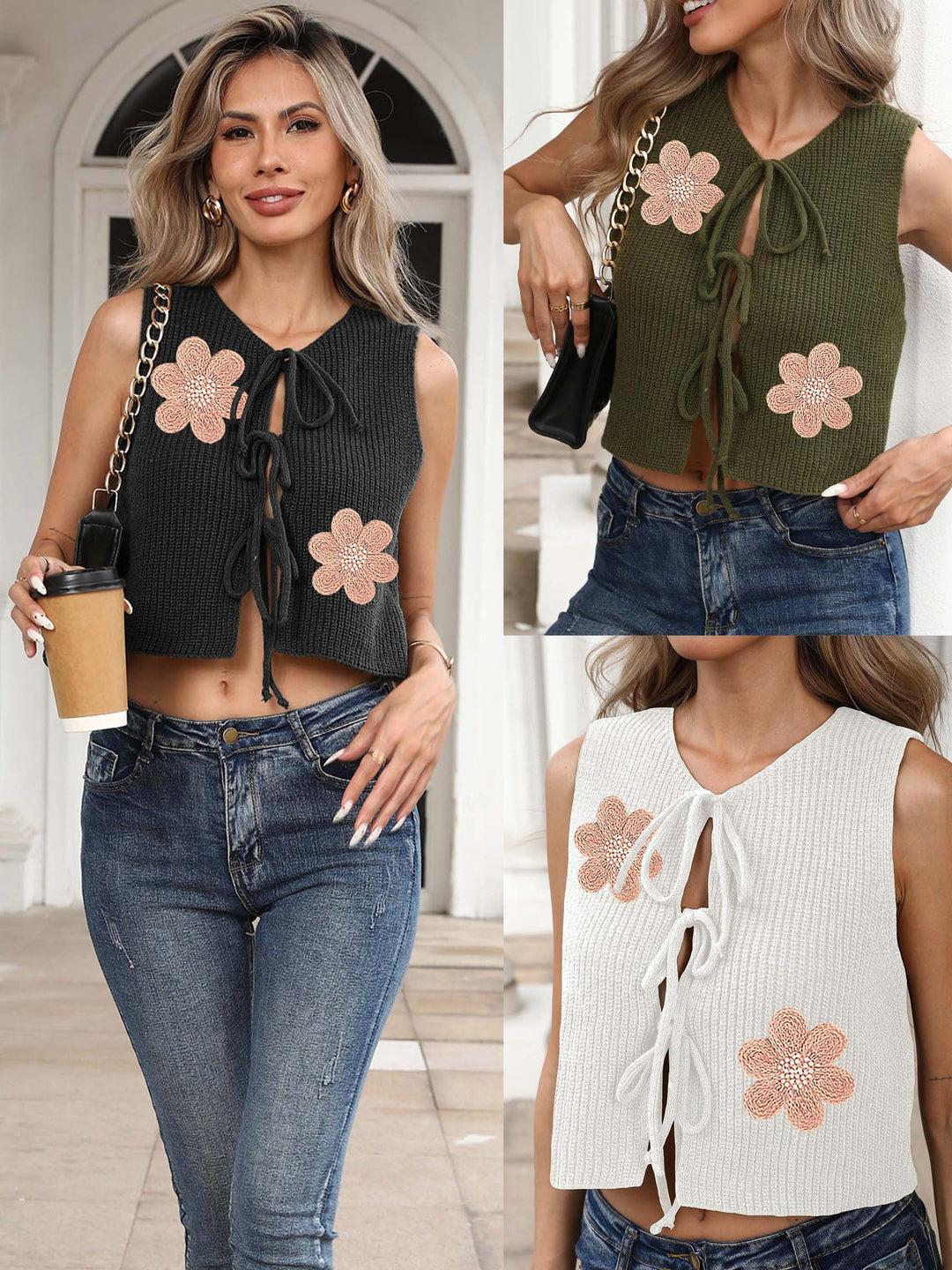Damer Cropped Sticktop med blommönster och band Mirla-Eva Jonsson