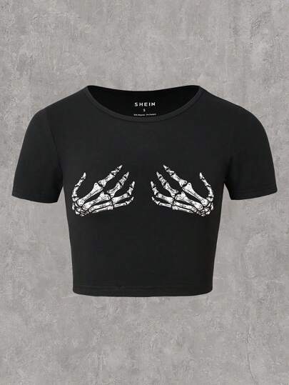 Damer Cropped T-Shirt med kreativt skelettdesign Mirla-Eva Jonsson