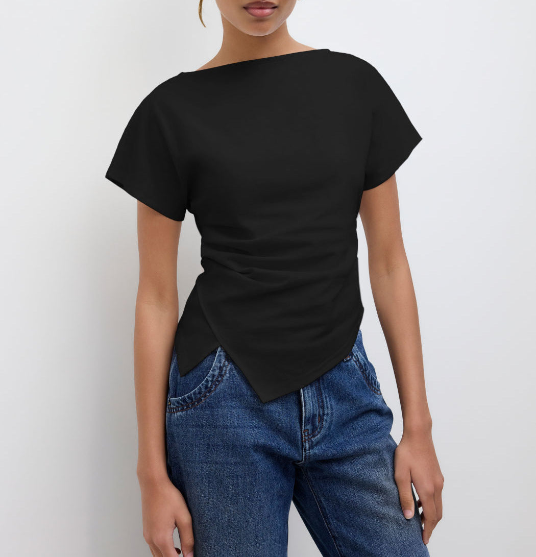 Damer Cropped T-shirt med asymmetrisk snitt och dekorativ draperingseffekt Mirla-Eva Jonsson