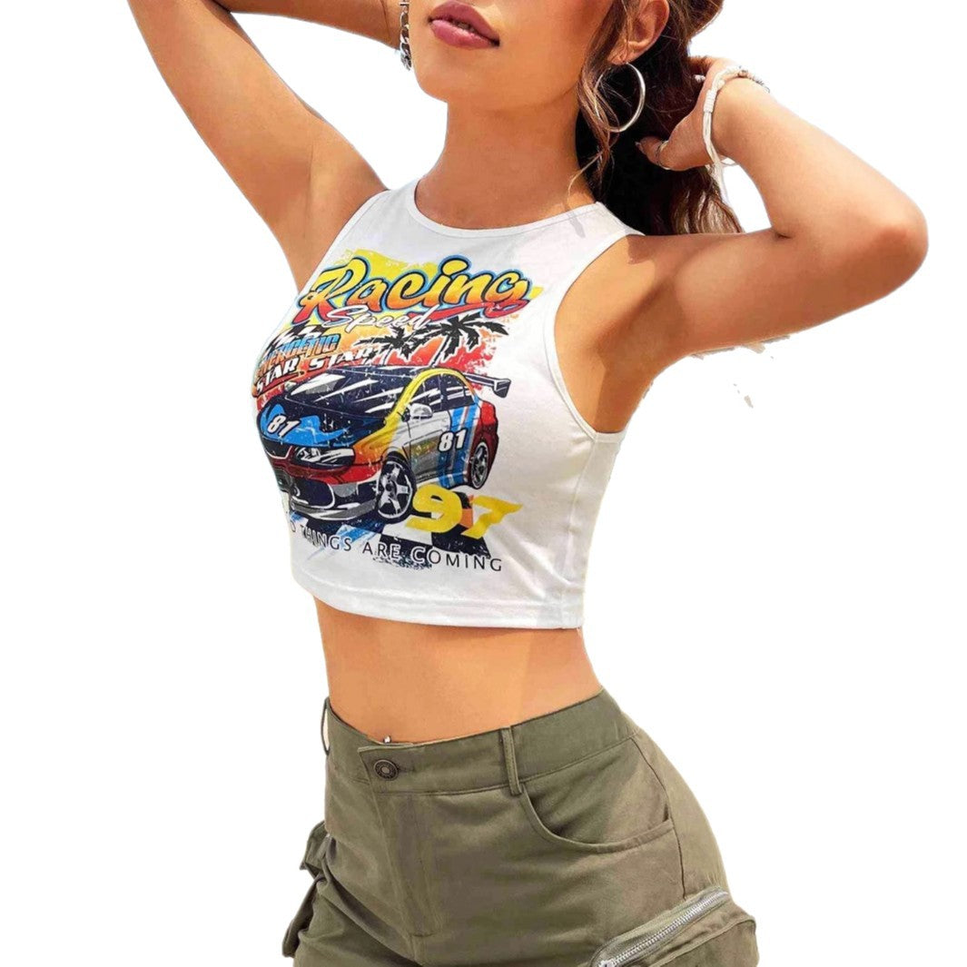 Damer Cropped Tank Top med kreativt racermotiv och avslappnad passform Mirla-Eva Jonsson