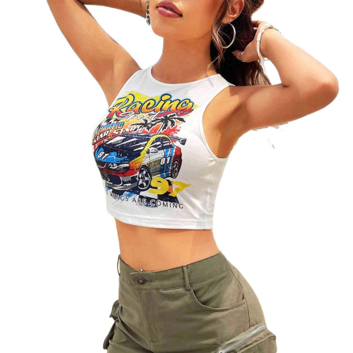 Damer Cropped Tank Top med kreativt racermotiv och avslappnad passform Mirla-Eva Jonsson