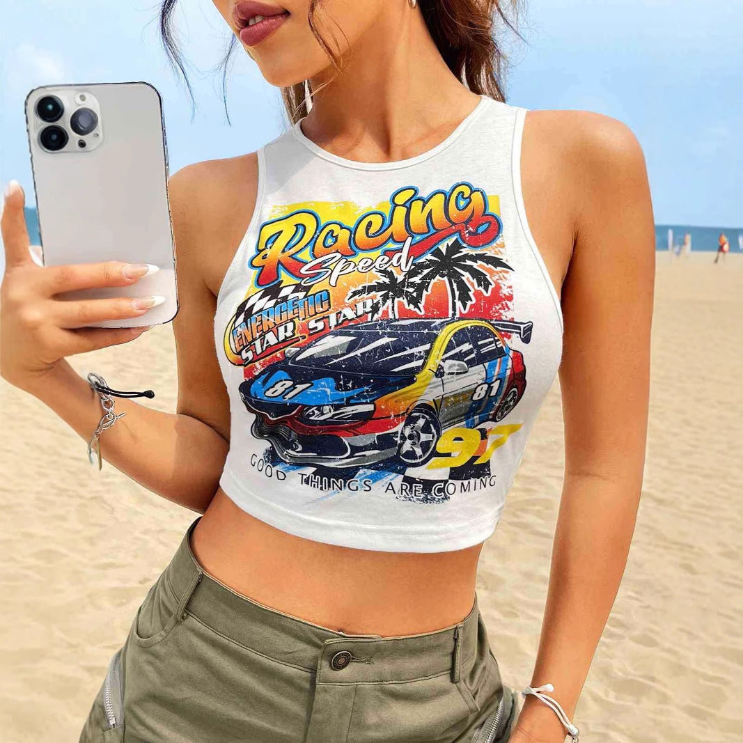 Damer Cropped Tank Top med kreativt racermotiv och avslappnad passform Mirla-Eva Jonsson