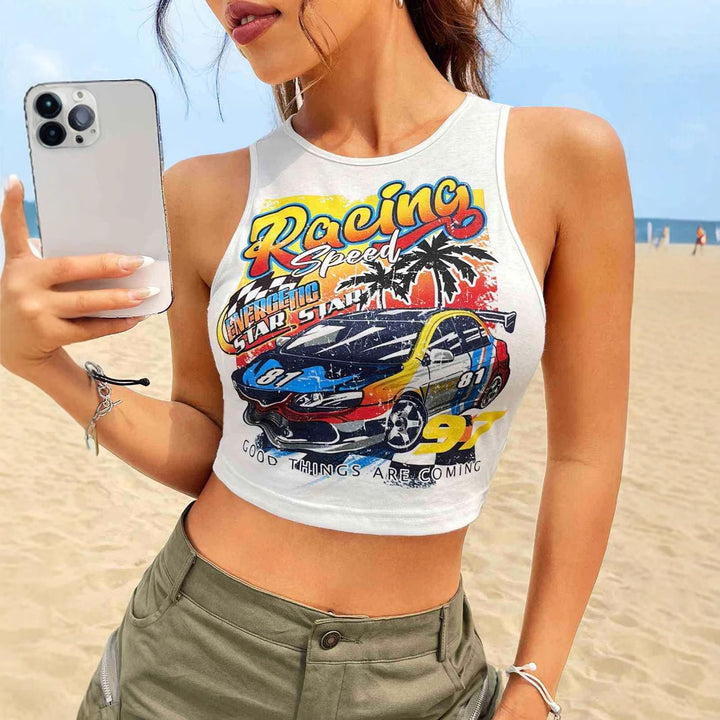 Damer Cropped Tank Top med kreativt racermotiv och avslappnad passform Mirla-Eva Jonsson