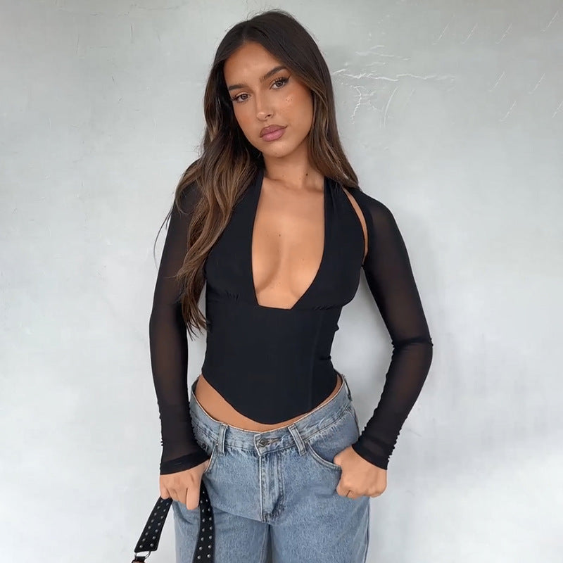 Damer Cropped-Top med transparenta ärmar och djup V-halsning Mirla-Eva Jonsson