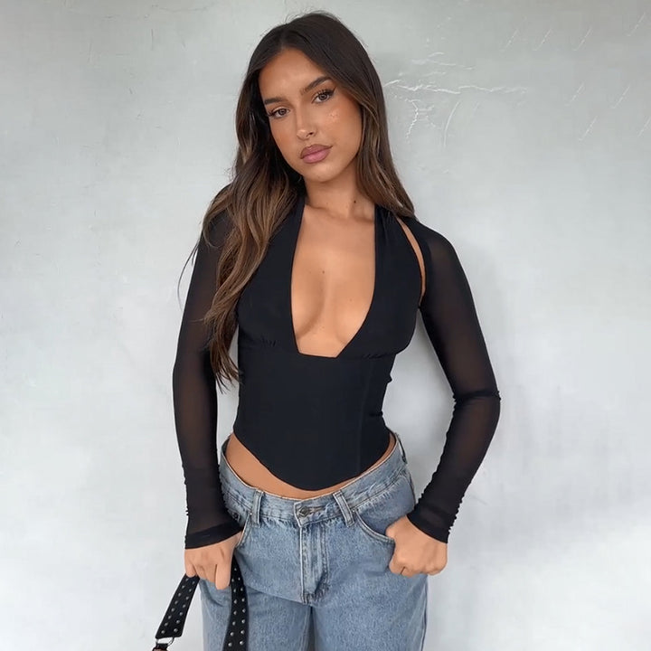 Damer Cropped-Top med transparenta ärmar och djup V-halsning Mirla-Eva Jonsson