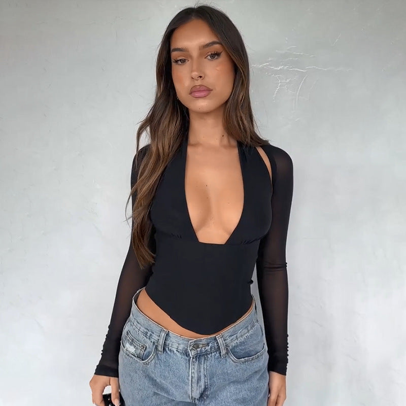 Damer Cropped-Top med transparenta ärmar och djup V-halsning Mirla-Eva Jonsson