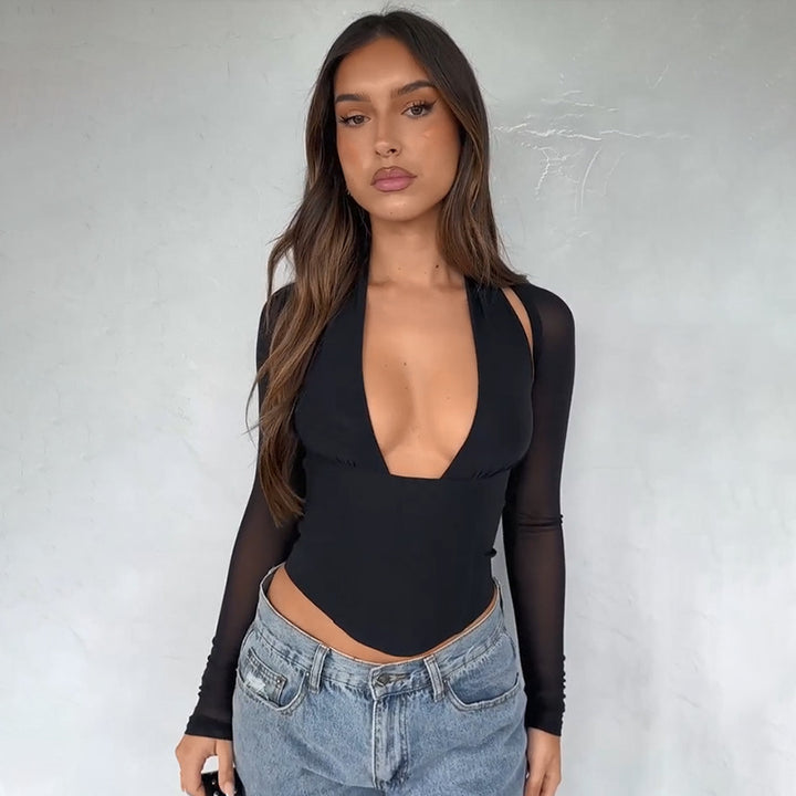 Damer Cropped-Top med transparenta ärmar och djup V-halsning Mirla-Eva Jonsson