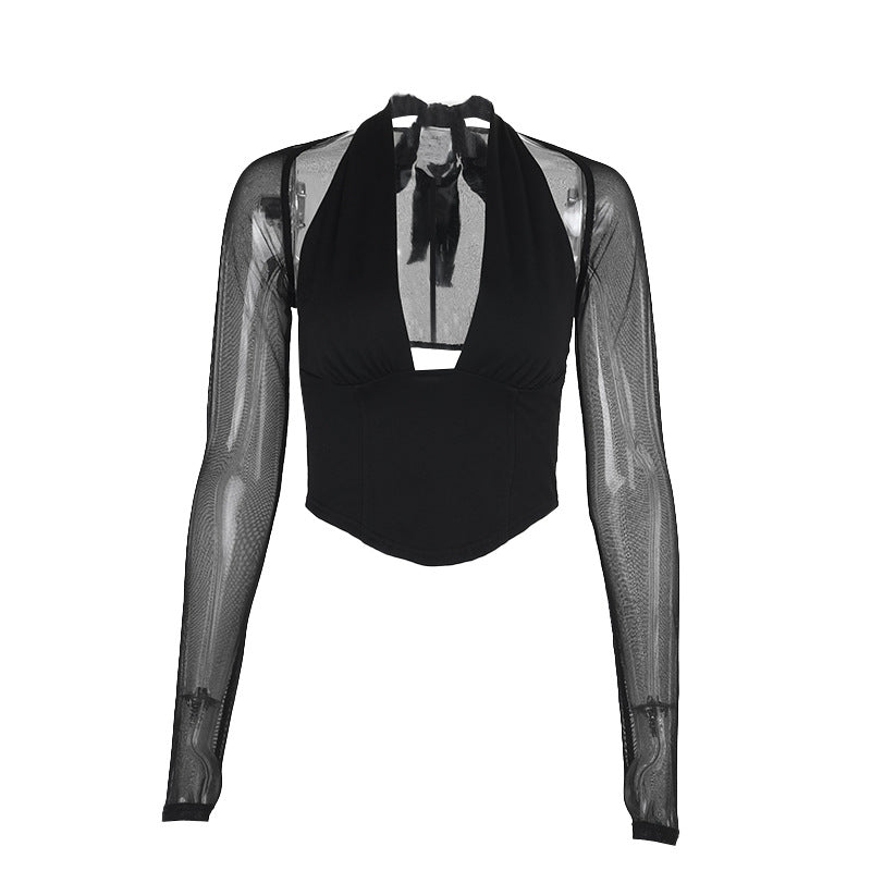 Damer Cropped-Top med transparenta ärmar och djup V-halsning Mirla-Eva Jonsson