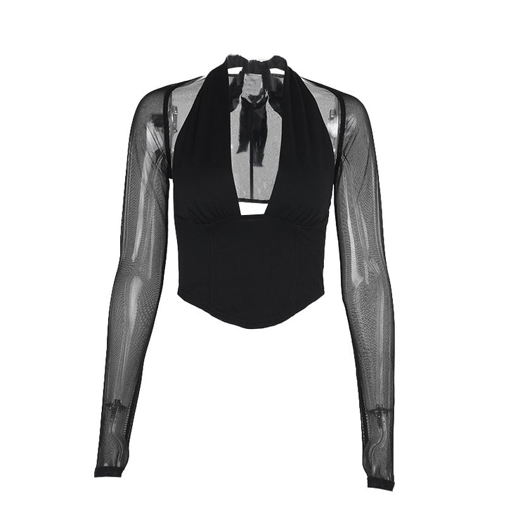 Damer Cropped-Top med transparenta ärmar och djup V-halsning Mirla-Eva Jonsson