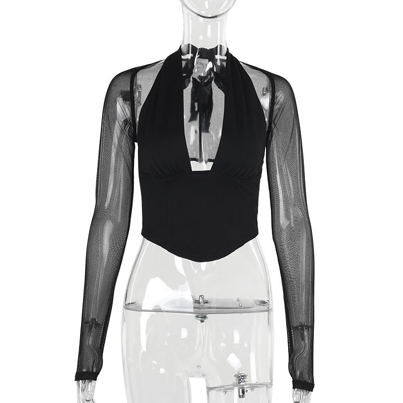 Damer Cropped-Top med transparenta ärmar och djup V-halsning Mirla-Eva Jonsson
