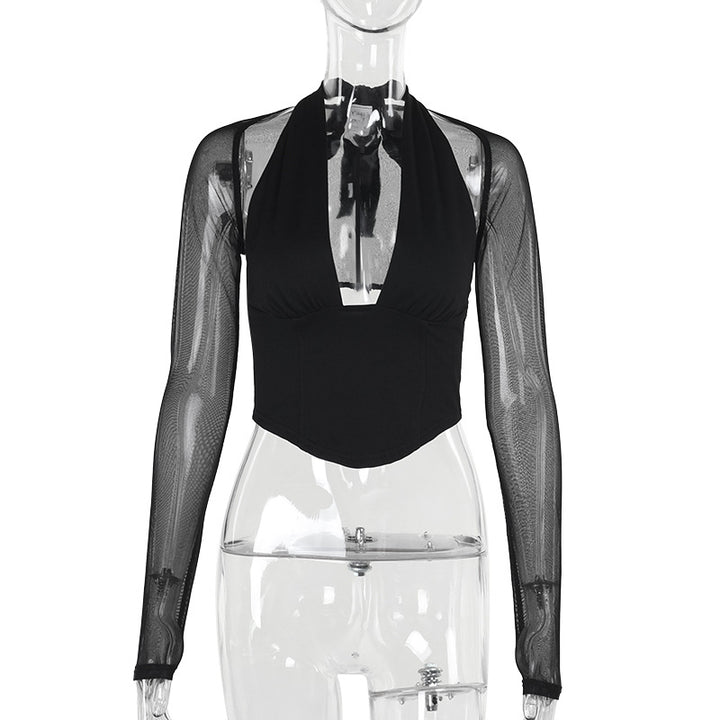Damer Cropped-Top med transparenta ärmar och djup V-halsning Mirla-Eva Jonsson