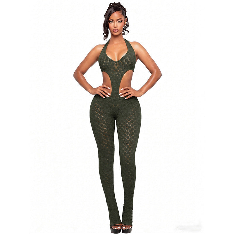 Damer Cut-Out Bodycon Overall med djup V-ringning och transparent virkstruktur Mirla-Eva Jonsson