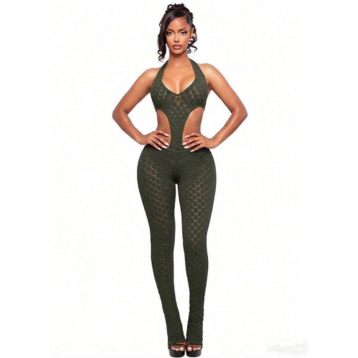 Damer Cut-Out Bodycon Overall med djup V-ringning och transparent virkstruktur Mirla-Eva Jonsson