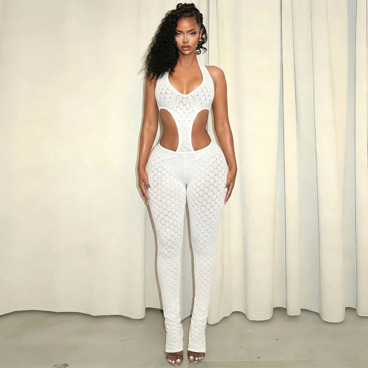 Damer Cut-Out Bodycon Overall med djup V-ringning och transparent virkstruktur Mirla-Eva Jonsson