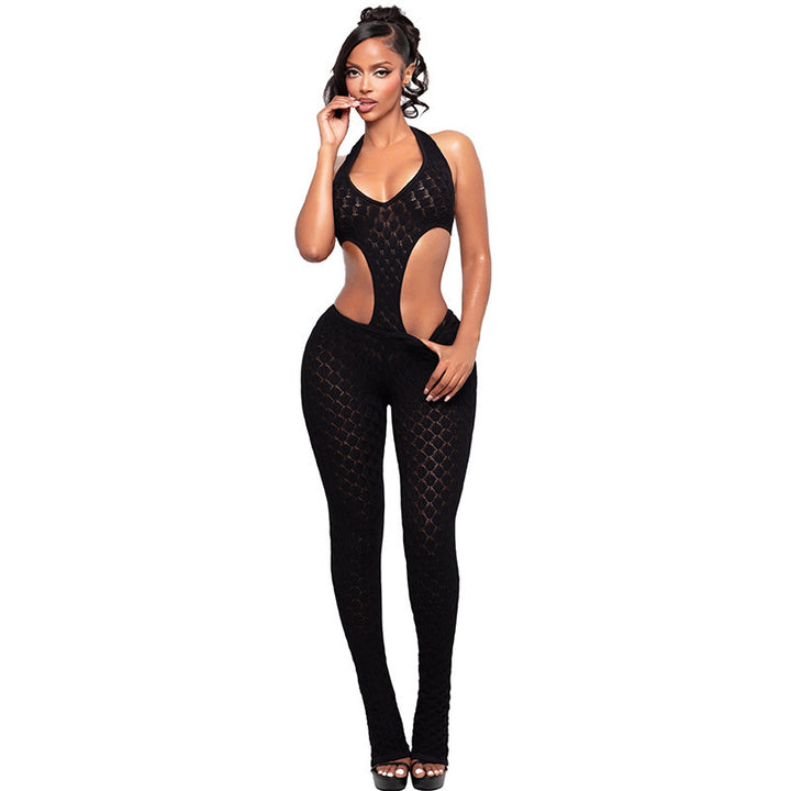 Damer Cut-Out Bodycon Overall med djup V-ringning och transparent virkstruktur Mirla-Eva Jonsson