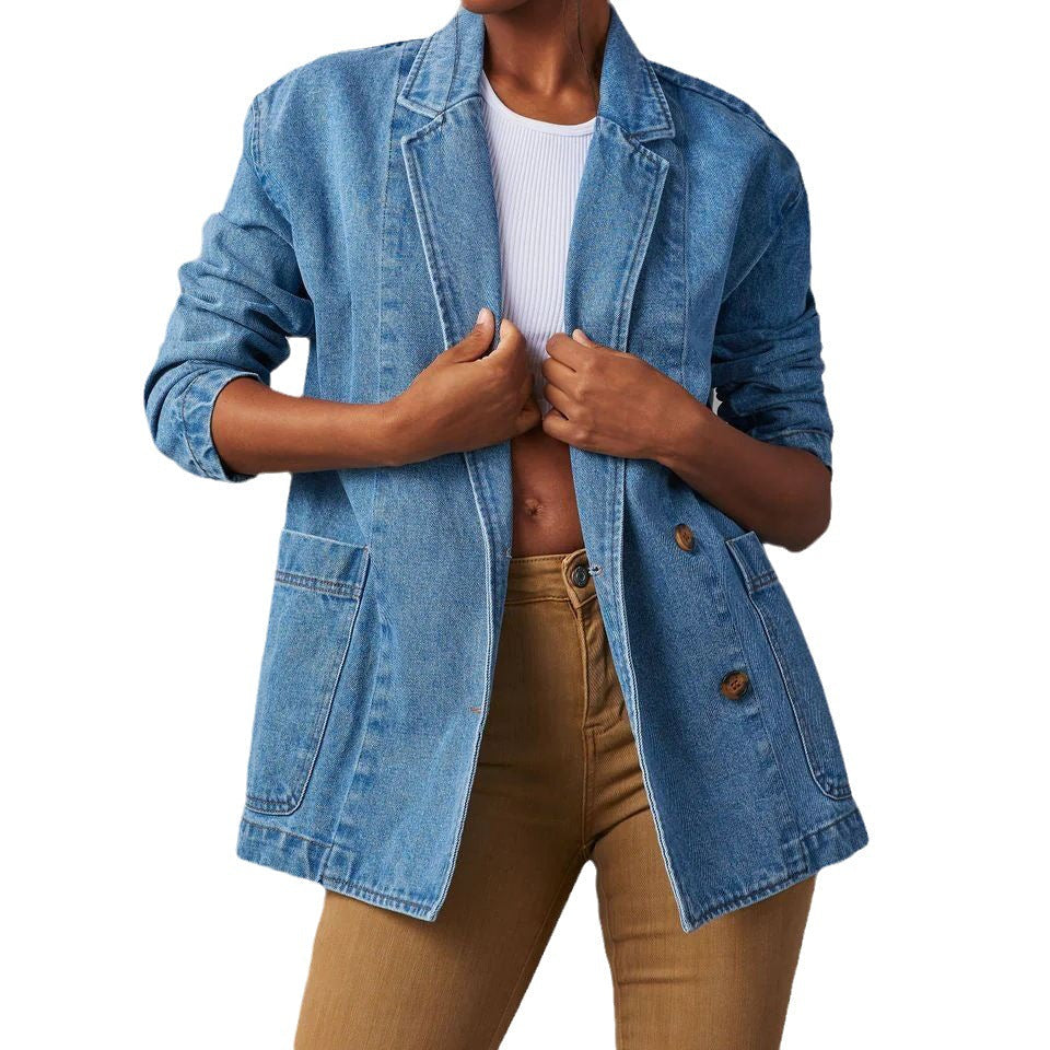 Damer Denim Blazer i Modern Oversized-design med Praktiska Fickor Mirla-Eva Jonsson