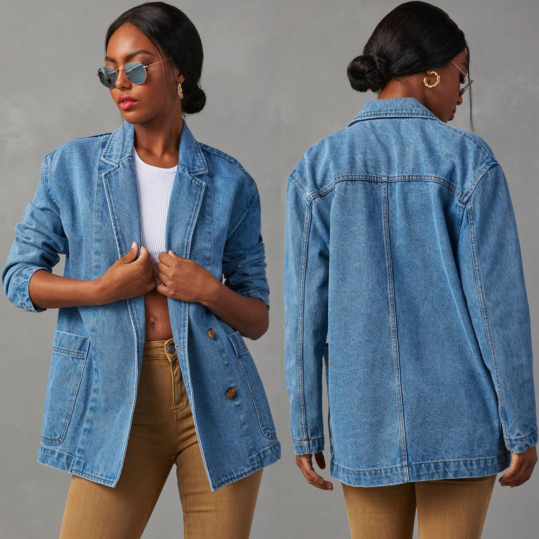 Damer Denim Blazer i Modern Oversized-design med Praktiska Fickor Mirla-Eva Jonsson