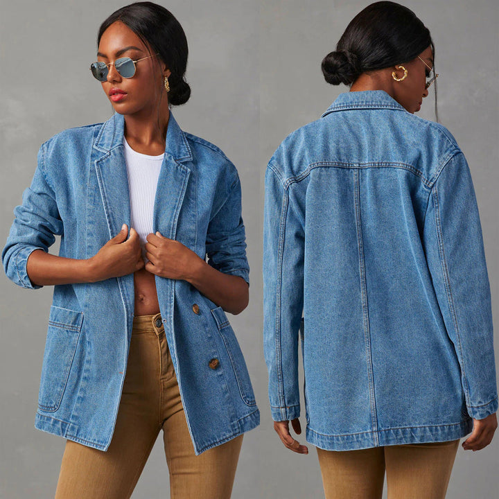 Damer Denim Blazer i Modern Oversized-design med Praktiska Fickor Mirla-Eva Jonsson