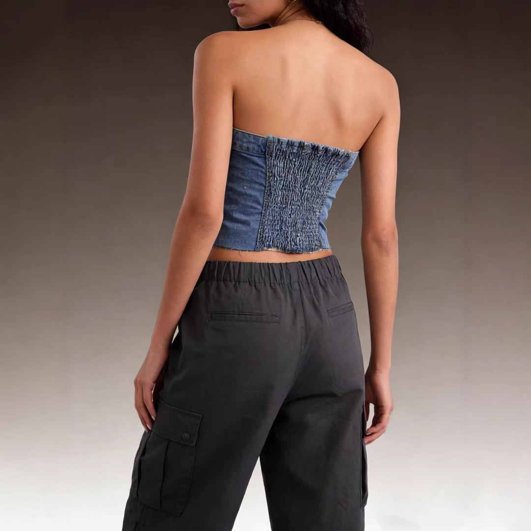 Damer Denim Bustier-topp med knapdetail och fransar Mirla-Eva Jonsson