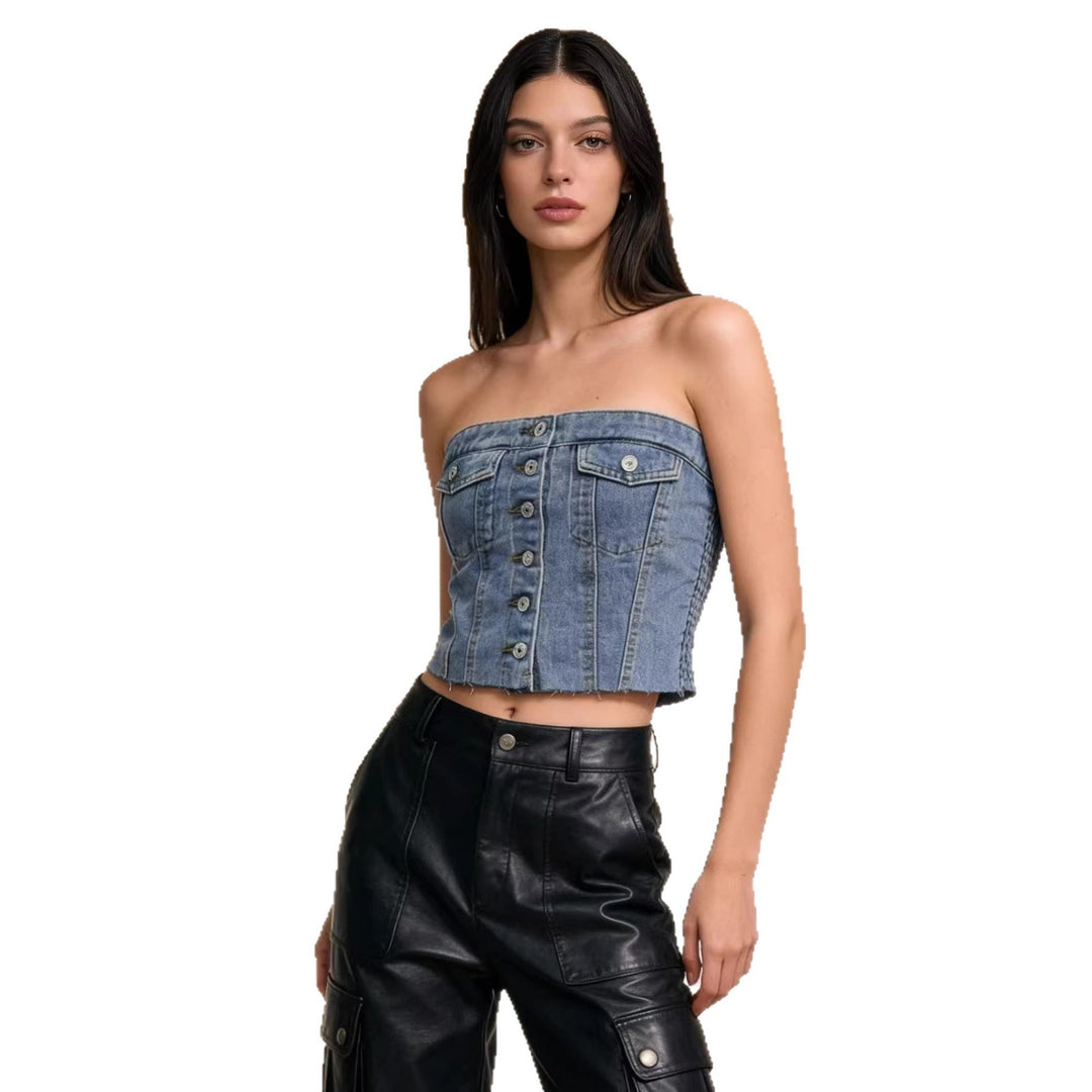 Damer Denim Bustier-topp med knapdetail och fransar Mirla-Eva Jonsson
