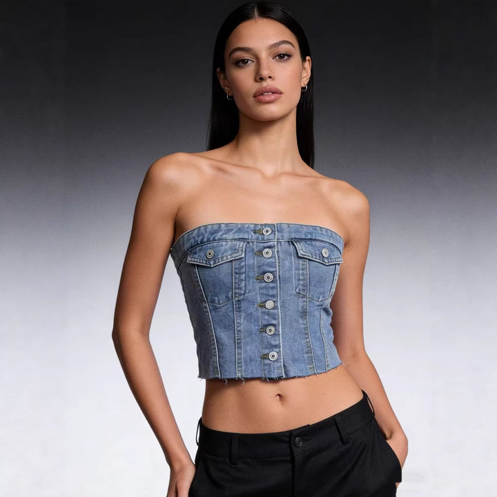 Damer Denim Bustier-topp med knapdetail och fransar Mirla-Eva Jonsson