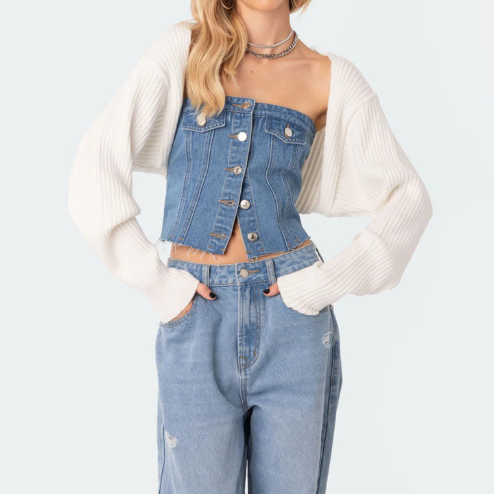 Damer Denim-Crop-Topp med stickad overskjorta Mirla-Eva Jonsson