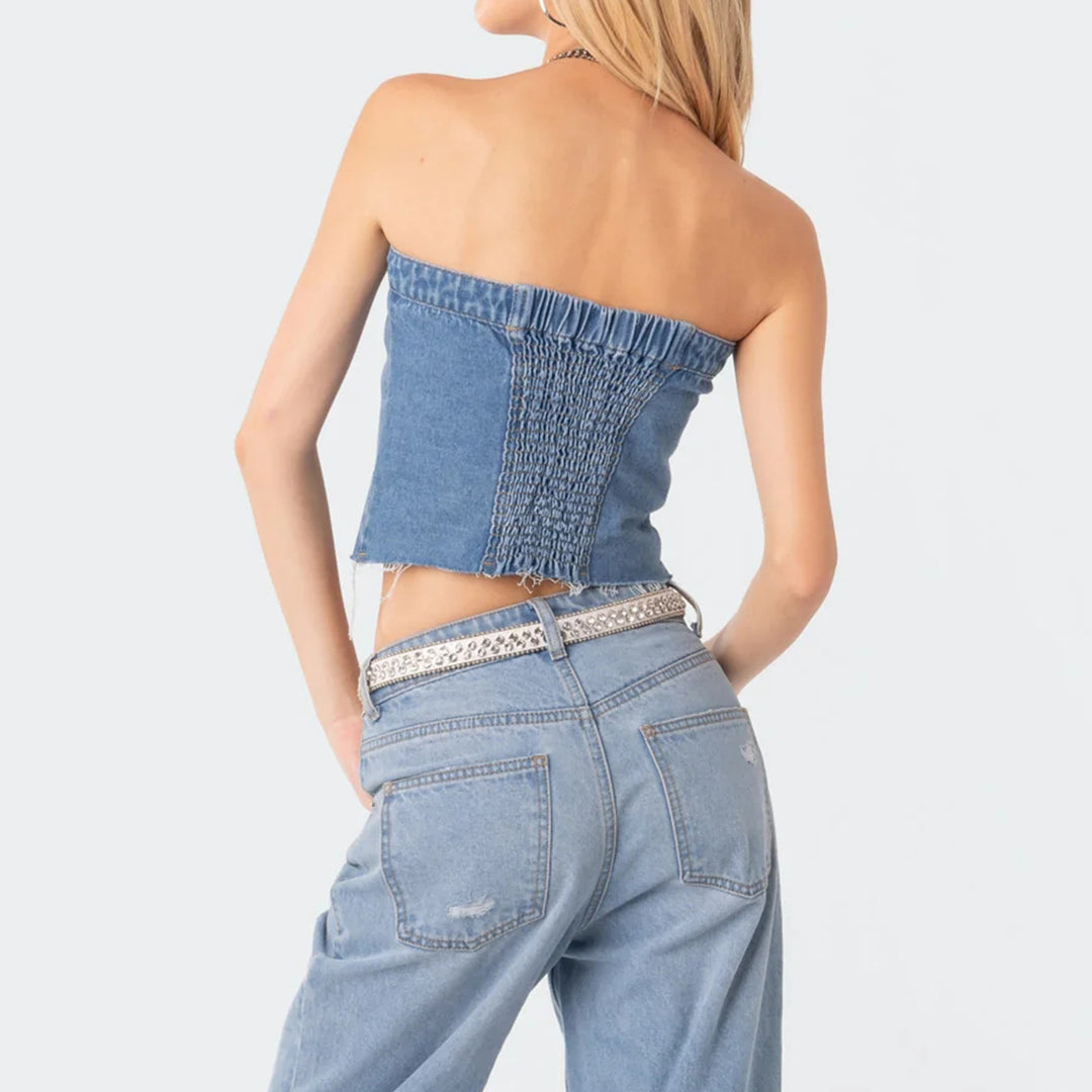 Damer Denim-Crop-Topp med stickad overskjorta Mirla-Eva Jonsson