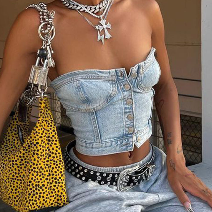Damer Denim-Crop-Topp med stickad overskjorta Mirla-Eva Jonsson