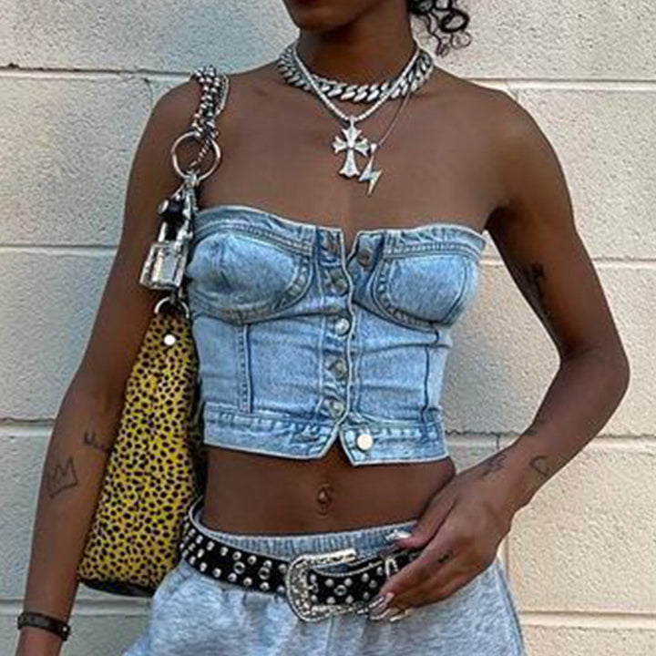 Damer Denim-Crop-Topp med stickad overskjorta Mirla-Eva Jonsson