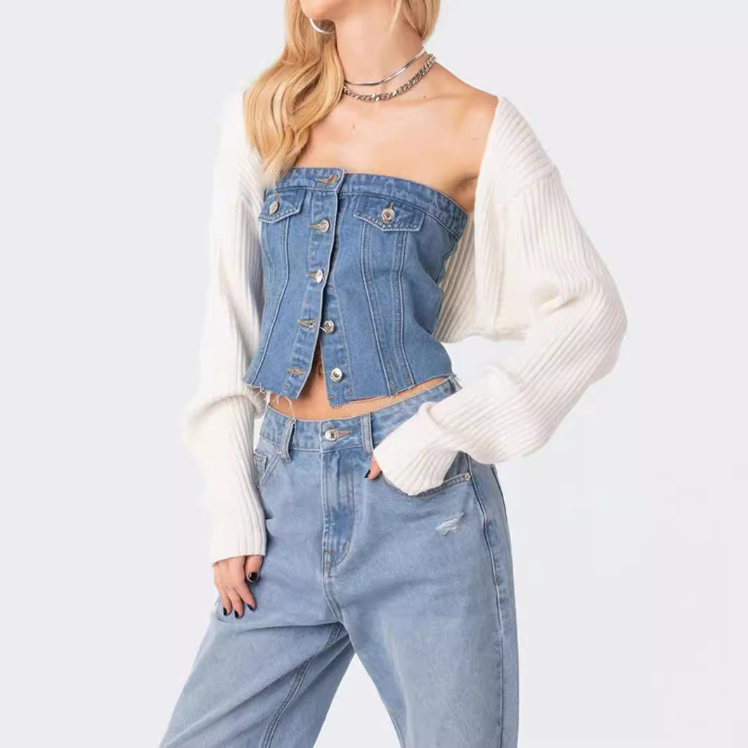 Damer Denim-Crop-Topp med stickad overskjorta Mirla-Eva Jonsson