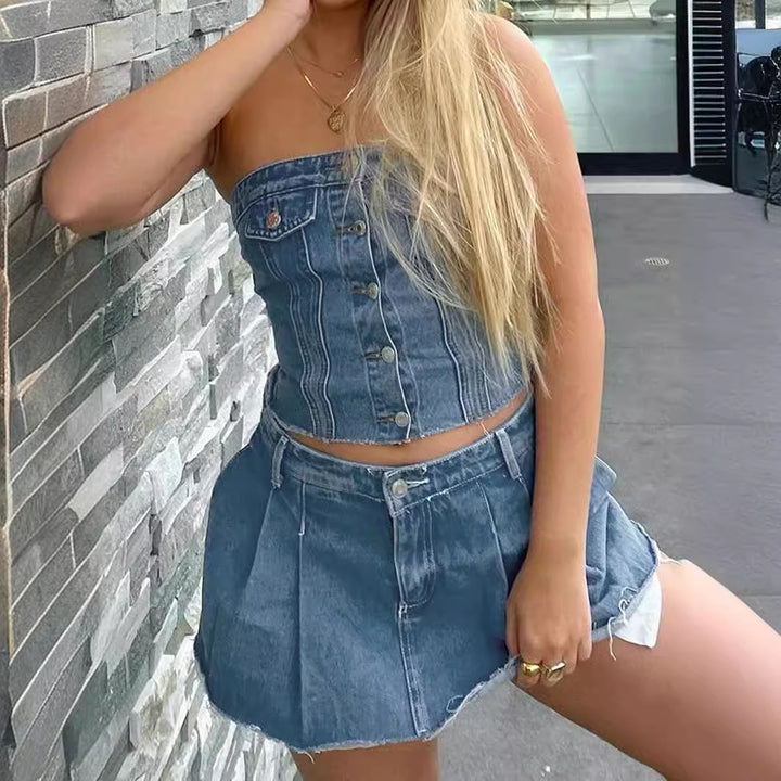 Damer Denim-Crop-Topp med stickad overskjorta Mirla-Eva Jonsson