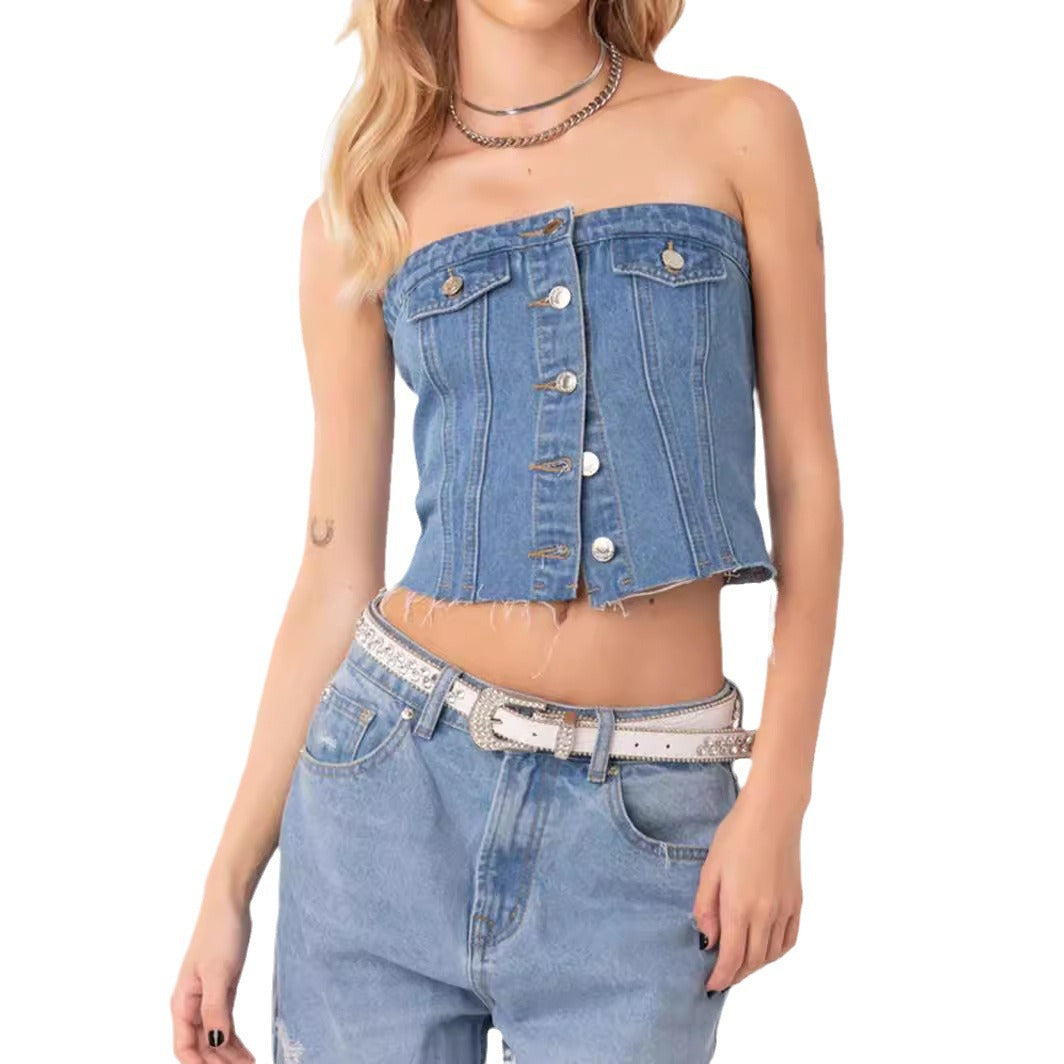 Damer Denim-Crop-Topp med stickad overskjorta Mirla-Eva Jonsson