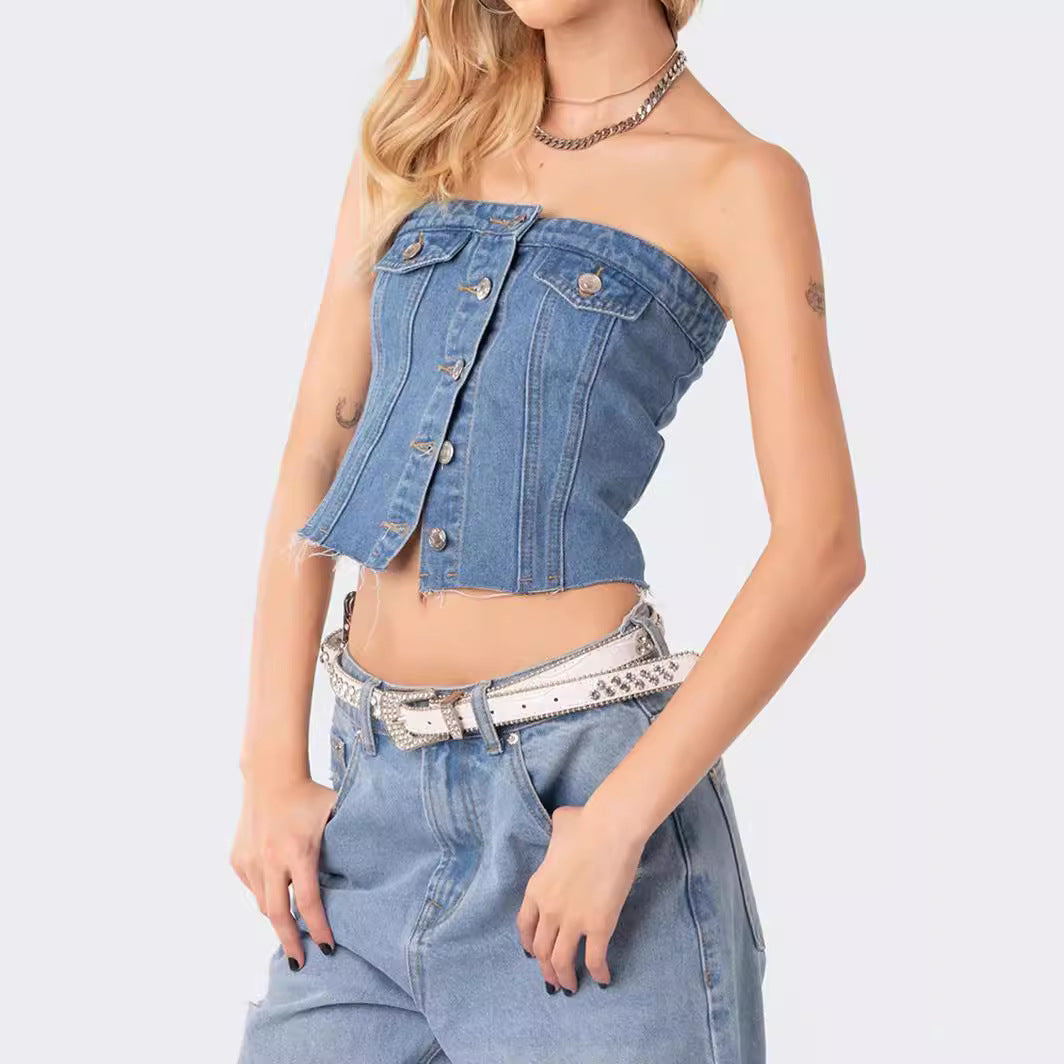 Damer Denim-Crop-Topp med stickad overskjorta Mirla-Eva Jonsson