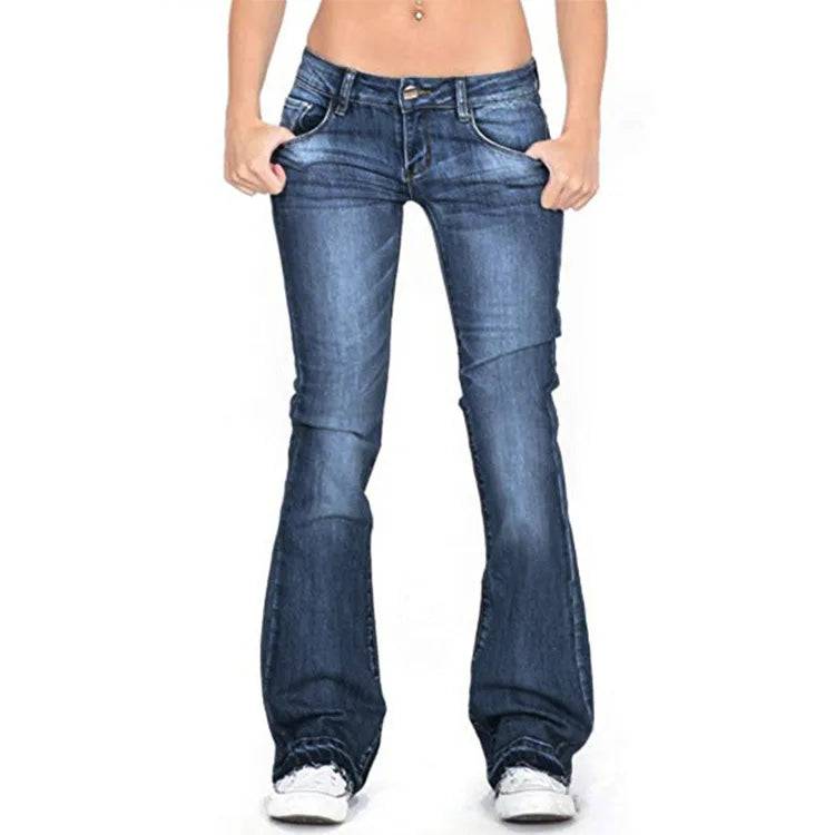 Damer Denim Low-Rise Utsvängda Jeans med Avslappnad Vintage-Känsla & Utsvängd Ben Mirla-Eva Jonsson