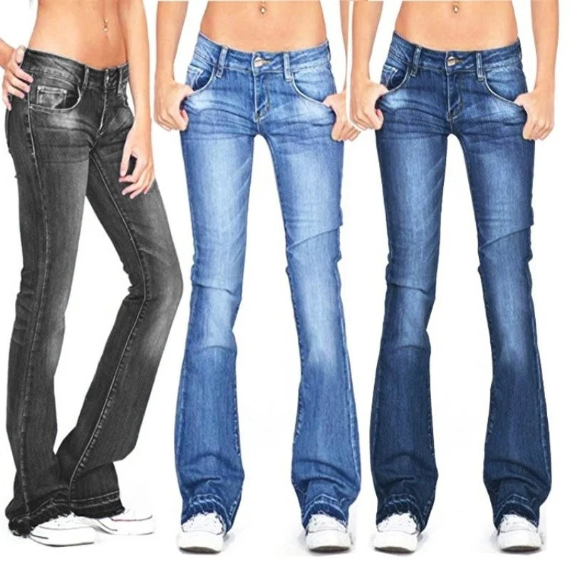 Damer Denim Low-Rise Utsvängda Jeans med Avslappnad Vintage-Känsla & Utsvängd Ben Mirla-Eva Jonsson