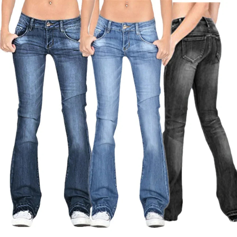 Damer Denim Low-Rise Utsvängda Jeans med Avslappnad Vintage-Känsla & Utsvängd Ben Mirla-Eva Jonsson