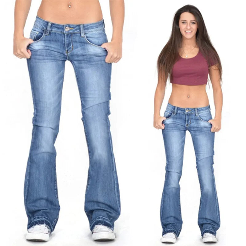Damer Denim Low-Rise Utsvängda Jeans med Avslappnad Vintage-Känsla & Utsvängd Ben Mirla-Eva Jonsson