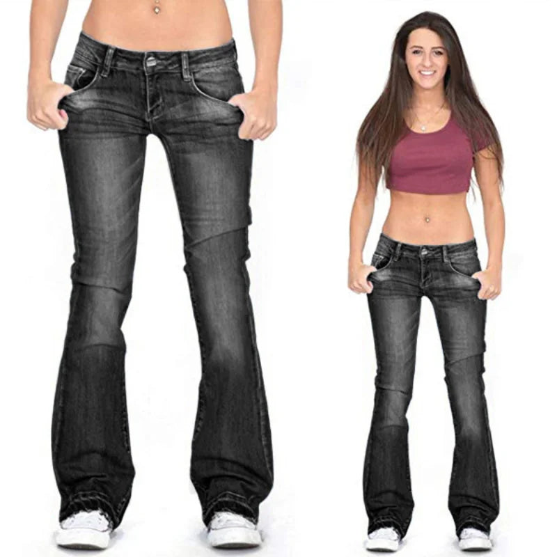 Damer Denim Low-Rise Utsvängda Jeans med Avslappnad Vintage-Känsla & Utsvängd Ben Mirla-Eva Jonsson
