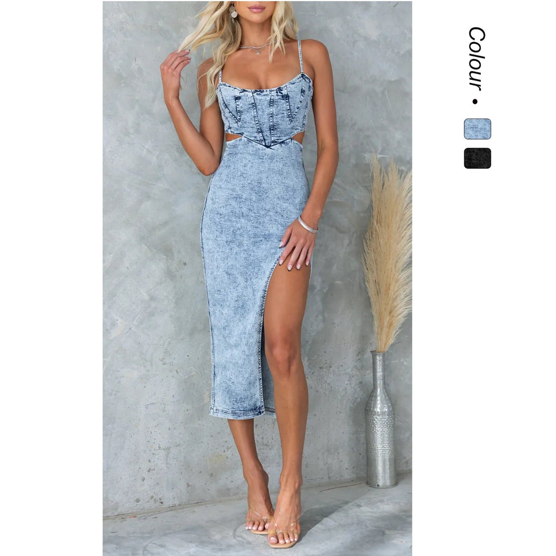 Damer Denim-Midiklänning med spets Cut-Outs och sexig slits Mirla-Eva Jonsson
