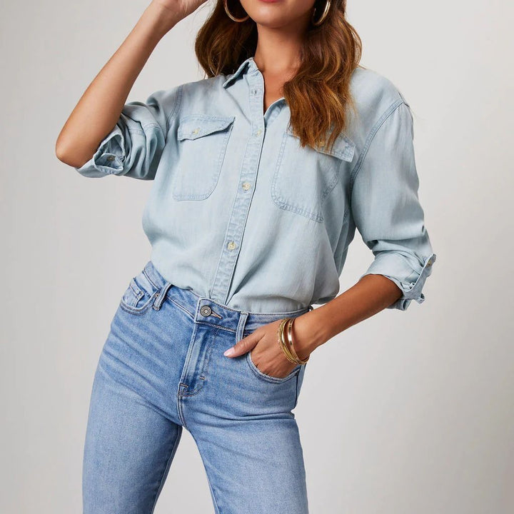 Damer Denim-skjorta med praktiska bröstfickor och avslappnad passform Eva Jonsson-Eva Jonsson