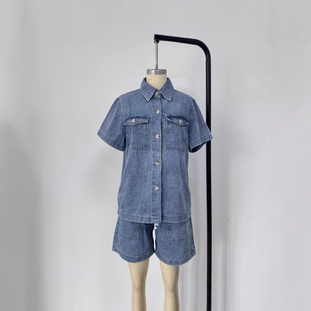 Damer Denim-skjorta och shorts-set i moderiktig stil Mirla-Eva Jonsson