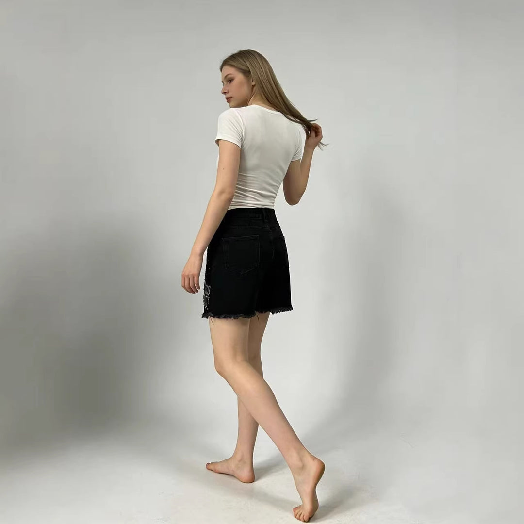 Damer Designer Denim-short med trendiga kedjeprydnader Mirla-Eva Jonsson