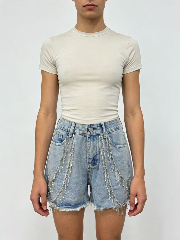 Damer Designer Denim-short med trendiga kedjeprydnader Mirla-Eva Jonsson