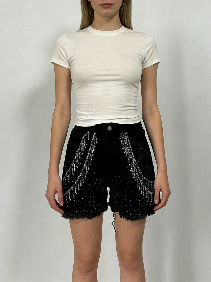 Damer Designer Denim-short med trendiga kedjeprydnader Mirla-Eva Jonsson
