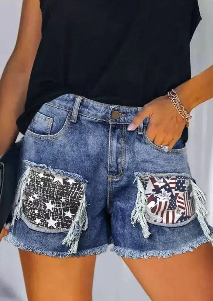 Damer Designer Denim shorts med unika applikationer och fransar Mirla-Eva Jonsson