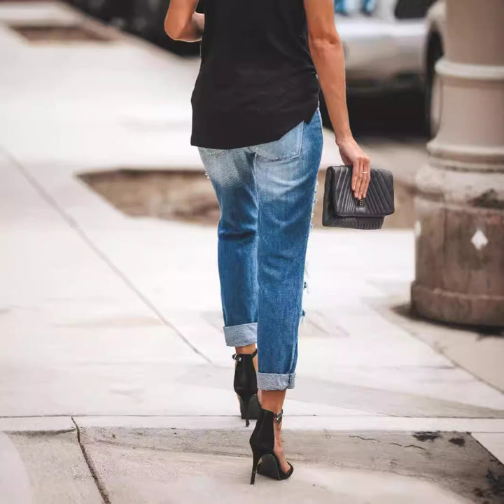Damer Destroyed Boyfriend Jeans i avslappnad stil med höga sprickdetaljer Mirla-Eva Jonsson
