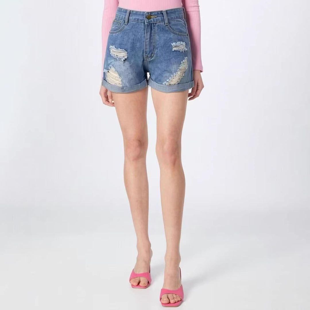 Damer Destroyed Denim-shorts med hög midja och stiligt franslook Mirla-Eva Jonsson